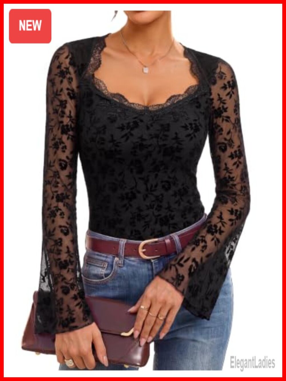 Womens Mesh Lace Gothic Long Sleeve Top Square Neck Flared Sleeve